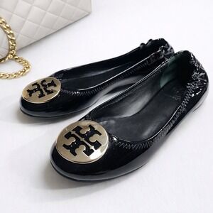 Tory Burch Reva Ballet Flat Black Patent Leather Silver Logo Medallion Size 5.5